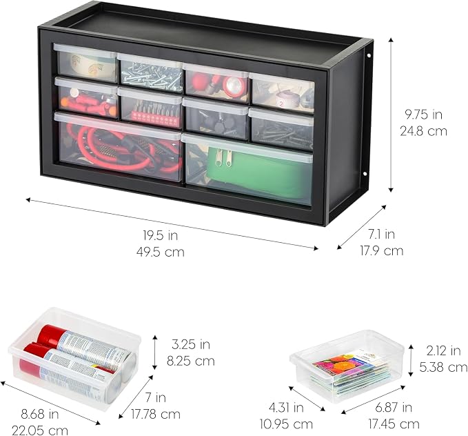 IRIS USA Plastic Storage Drawer Organizer, 10 Drawer Cabinet, 2 Pack, Black | Made in USA organizer stores hardware, beads, screws, classroom supplies, crafts, building bricks, and hobby items.