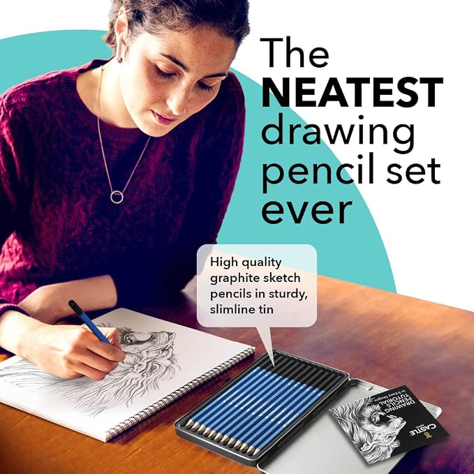Castle Art Supplies 12 Piece Graphite Drawing Pencils Kit for Adults | For beginner to advanced adult artists - compact, sturdy, attractive metal case with tutorial included, easy to carry