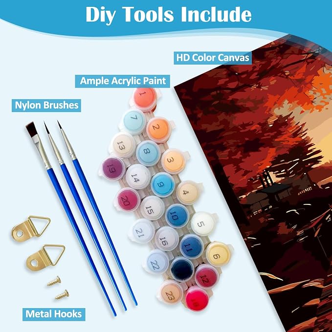 LKHMVCA Fall Landscape Bridge Leaf Paint by Number Kits for Adults, DIY Paint by Numbers Kits for Adults Beginners Without Frame, Acrylic Paint Canvas Painting Kits Art for Home Decor 16x20 Inch