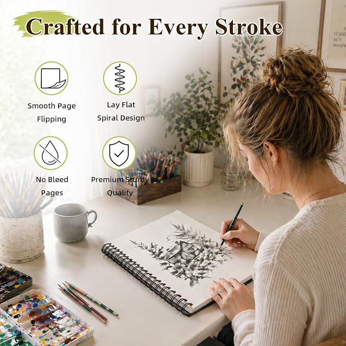 Conda 8.5"x11" Hardbound Sketch Book, 80-Sheets 90gsm Double-Sided Hardcover Sketchbook, Spiral Sketch Pad, Durable Acid Free Drawing Art Paper for Adults