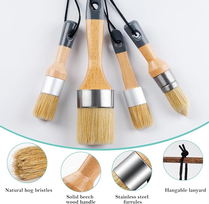 Mister Rui Chalk Wax Paint Brush 4 pcs, Large Wax Brush for Furniture | Natural Bristles Stencil Paint Brushes for All in One Paint, Acrylic Paint, Cabinets for Home Decor, Art Crafts, No Shedding