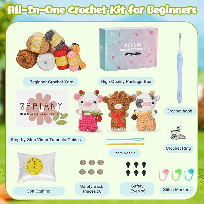 Zepiany Crochet Kit for Beginners 3 PCS Amigurumi Animal Cows Starter Kit Step-by-Step Video Tutorials DIY Craft Gifts for Adults Knitting Lovers Mother Teacher Graduates with 40% Extra Yarn