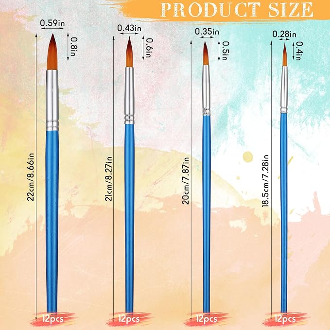 Sherr 48 Pcs Paint Brush Set Bulk Acrylic Brush Wood Paint for Detail Art Crafts Kids Artist Adult Watercolor Oil Face Body(0.35, 0.28, 0.2, 0.16 Inch,Round Style)