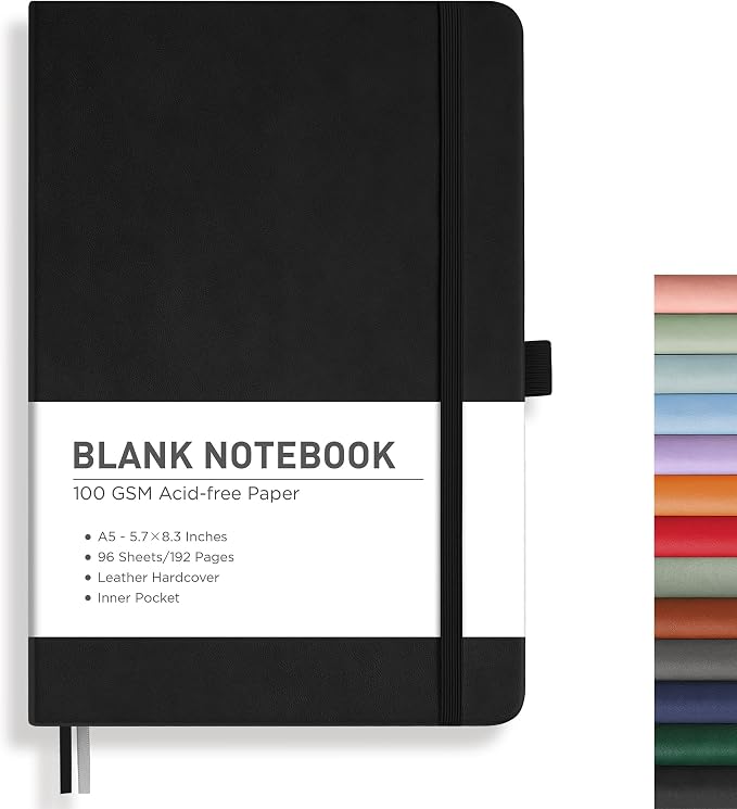 RETTACY Blank Journal Notebook, 192 Pages, A5 Medium Size (5.7'' x 8.3'') | Leather Hardcover, 100 GSM Thick Paper, for Sketching, Drawing, Painting (Black)