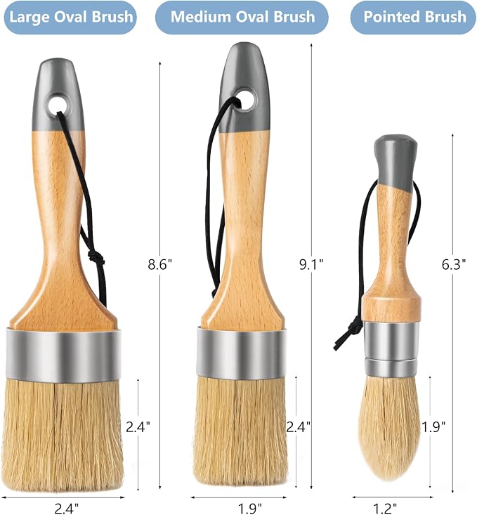 Mister Rui Chalk Wax Paint Brush 3 pcs, Large Wax Brush for Furniture | Stencil Brushes for All in One Paint Acrylic Paint, Cabinets, Natural Bristles, 1 Small Round Brush and 2 Large Oval Brushes