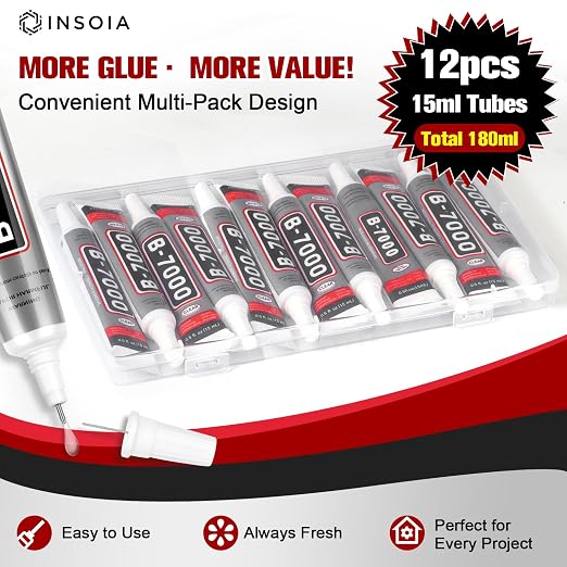 INSOIA Bedazzling Glue B7000 Clear, 12 x 15ml Precision Tip