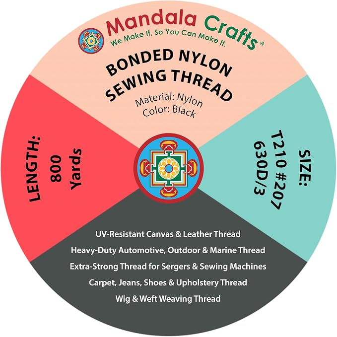 Mandala Crafts Size 207 630D T210 Black Combo Bonded Nylon Thread, 3200 YDs