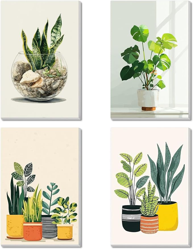 4 Pack Framed Paint By Numbers Kit for Adults Beginner Green Plant Adult Paint By Number Kits on Canvas Plants Painting By Numbers for Adults with Frame Diy Painting Kits for Home Wall Art 8x12 Inch