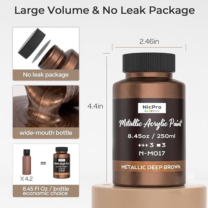 Nicpro Metallic Deep Brown Acrylic Paint, 8.45oz/250ml Craft Paint | Large Non Toxic, Non Fading Art Paint for Wood, Metal, Clay, Fabric, Canvas, Ceramic, Furniture, Handcrafts