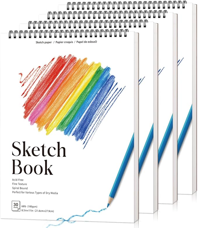 4 Pack Sketch Books, 8.5 × 11 in, Spiral Bound, 100gsm, Acid Free | 30 Sheets Each, Hardcover Backing, Top Spiral, for Pencil, Charcoal & Crayon, for Travel & School Gifts