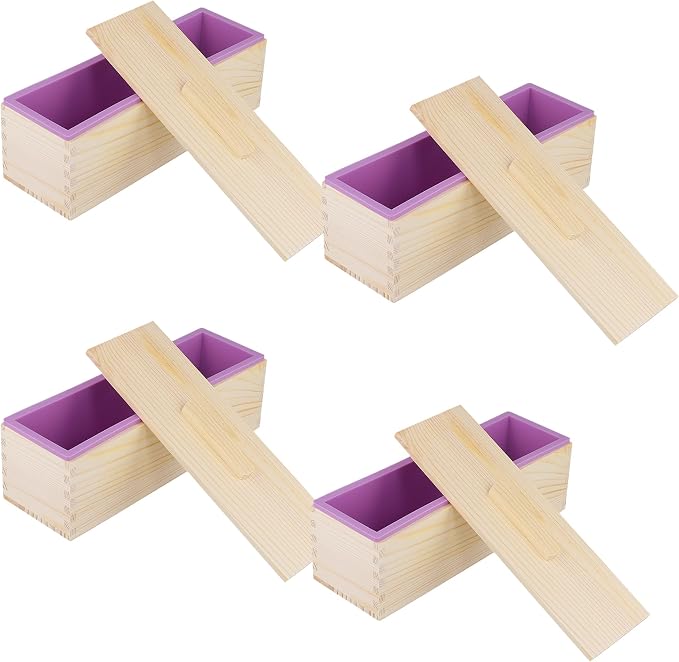 4PCS 42oz Silicone Soap Kit, Purple Rectangular Silicone Loaf Soap Making with 4 Wooden Boxes and 4 Lids, DIY Supplies for Soap Making