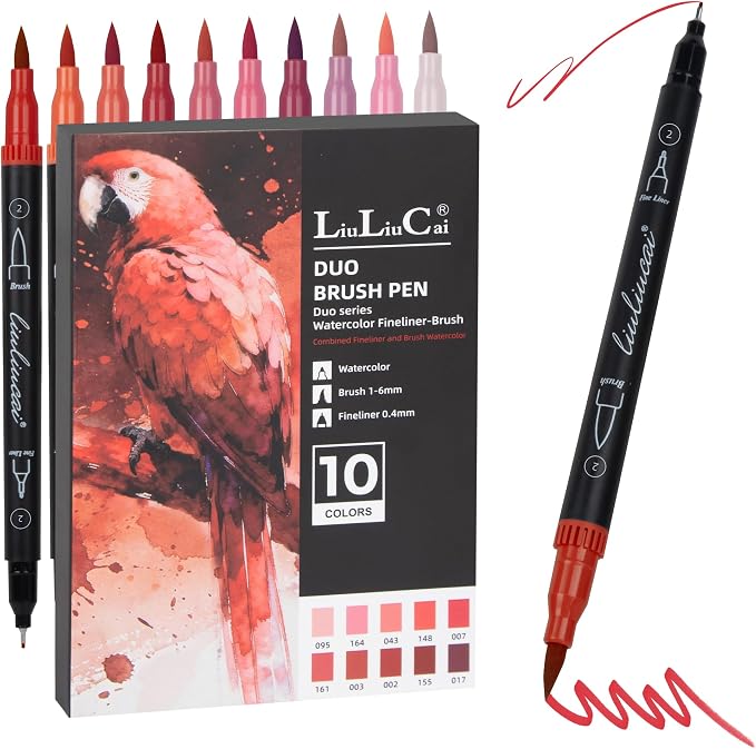 LIULIUCAI 10 Red Dual Markers, Fine & Brush Tip Pen for Adult Coloring