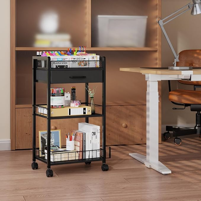 Homsorout 3 Tier Rolling Cart - Metal Utility Cart with Storage Drawer and Wheels, Versatile Art & Craft Organizer for Home, Office, or Studio Ideal for Storing Brushes, Paints, and Supplies Black