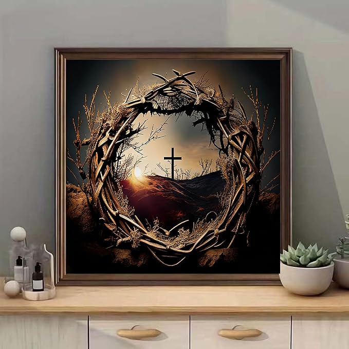 mrpwnle Diamond Art Kits for Adults Religious Cross Diamond Painting Kits | Christ Jesus Crown Thorns Diamond Art Painting Kits for Adults Beginner, DIY Round Full Drill Crafts Kit Home Decor 12x16in