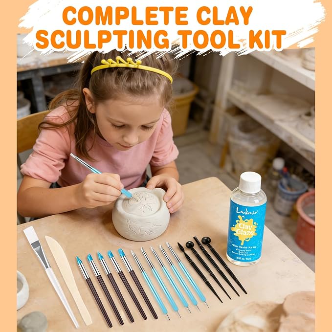 17PCS Silicone Clay Sculpting Tools, Dual-Ended Dotting Tools Set with 1.7 FL OZ Air Dry Clay Glaze for Pottery, Ceramic Modeling, Rock Painting, Art Blending - Ideal for Adults & Kids DIY Crafts