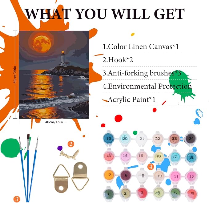 Fountor Moon Paint by Numbers Kit for Adults Beginner 16x20 Inch | DIY Acrylic Painting by Numbers Lighthouse, Without Frame Canvas, Stress Relief Craft Kits, For Home Decor Gift