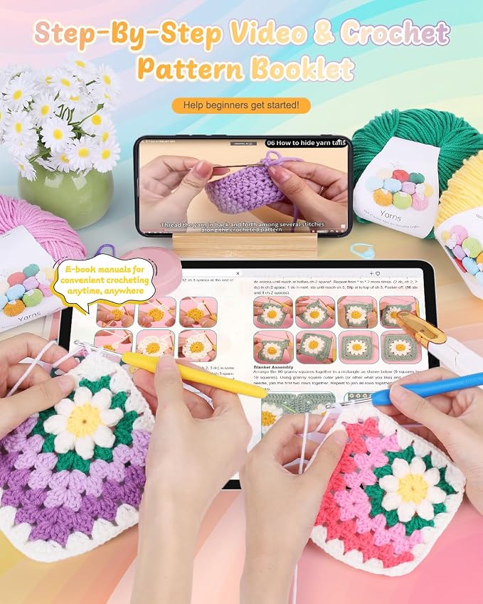Coopay Crochet Kit for Beginners, Easy 3D Granny Square Blanket Kit, Pink | Crochet Kit W/Video Tutorial & Digital Instructions, All Accessories Included, Easy Knitting to Create Granny Square Blanket