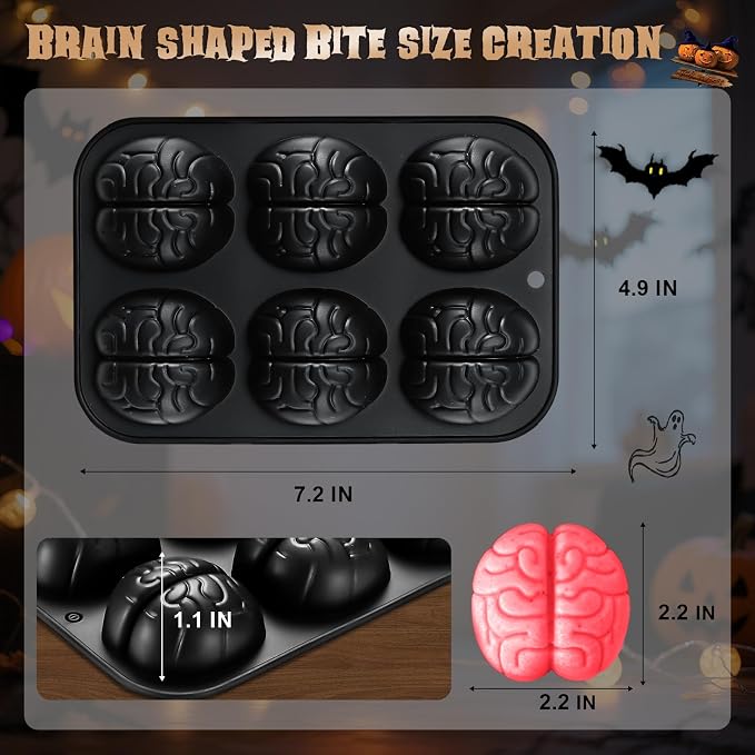 HKNMTT Halloween Brain Silicone Molds 2 Pack 6 Cavity, Spooky Brain Shape Baking Tray for Chocolate Candy Wax Melts Tarts Cupcake Pizza Cake Oven Safe Food Grade Moulds for Kids Party DIY Fun