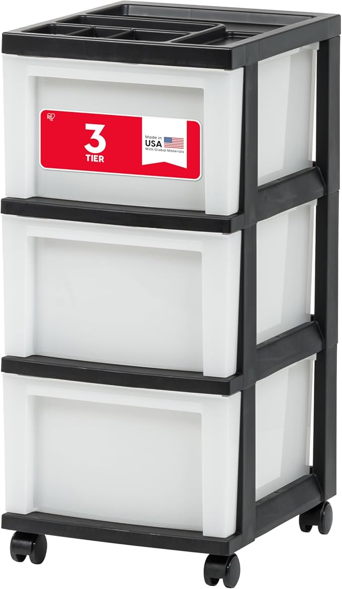 IRIS USA 3-Drawer Rolling Storage Cart, Black/Pearl