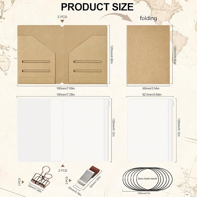 2PACK Passport Travelers Journal Notebook Accessories Inserts Kit | Kraft File Folders, PVC Zipper Pouches, Pen Holders, Binder Clips, Elastic Bands for Travel Journal Organizer