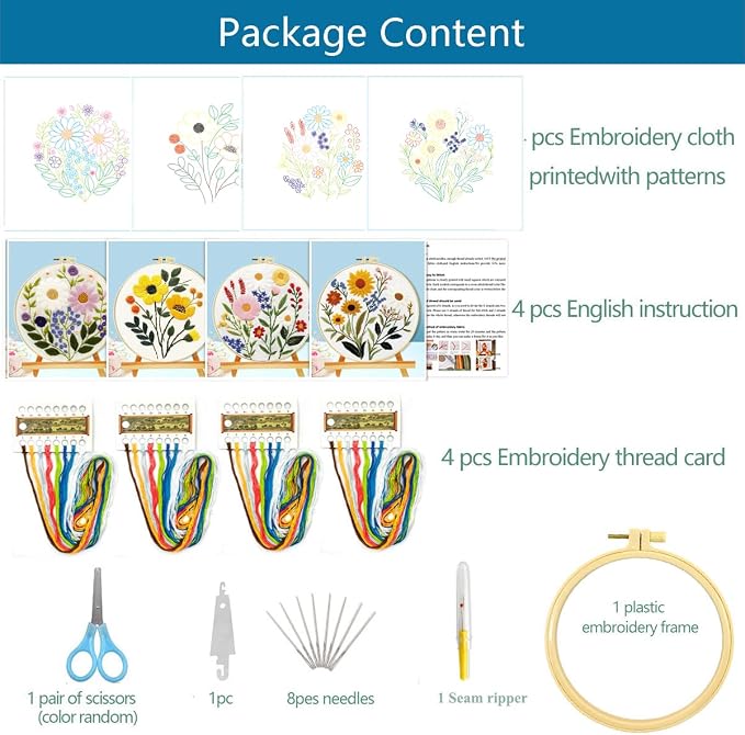 Zhenqing 4-Piece Floral Embroidery Kit for Beginners - Complete Set with Printed Cotton Fabric, Hoop, Threads & Tools (C0155)