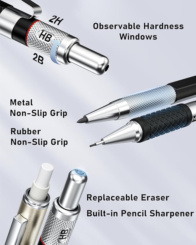 Four Candies 25PCS Mechanical Pencil Set, 0.5, 0.7, 0.9 ＆ 2mm, Storage Case | 432 Lead Refills (HB 2H 2B 4B Color), Kneaded Eraser, Sharpener, Technical Art Kit, Sketching, Drawing, Drafting