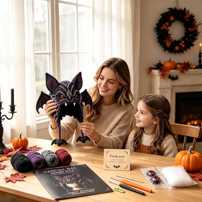 Halloween Hat DIY Crochet Kit, Fantasy Hood Hat DIY Crochet Kit, Bat