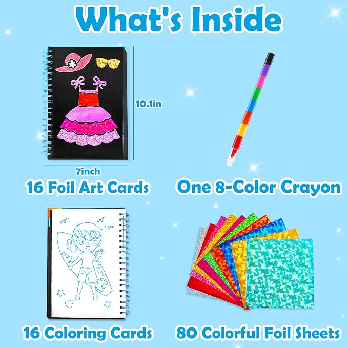 FUNNYB&G Foil Art Craft Kit for Kids, Sparkly Birthday Gift Toy for Kids | No Mess, Kids Ages 4-10 Create Sparkling Artwork, A Creative Gift for Birthdays, Holidays, Travel Activities,Screen-Free Fun