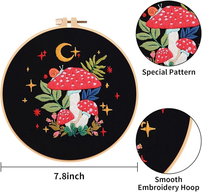 Nuberlic Mushroom Embroidery Kits for Beginner Adults | Starter Cross Stitch Kit DIY Needlepoint with Hoop, Pre-Printed Fabric, Threads & Step-by-Step Guide
