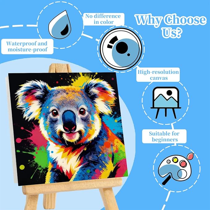 Arttoplus 4 Pack Paint by Numbers Kit for Kids with Frame 8x8in, Animals | Kids Paint by Numbers Ages 4-8-12 with Wooden Easel, Easy Owl Koala Cat Turtle DIY Oil Painting by number for Gift Home Decor