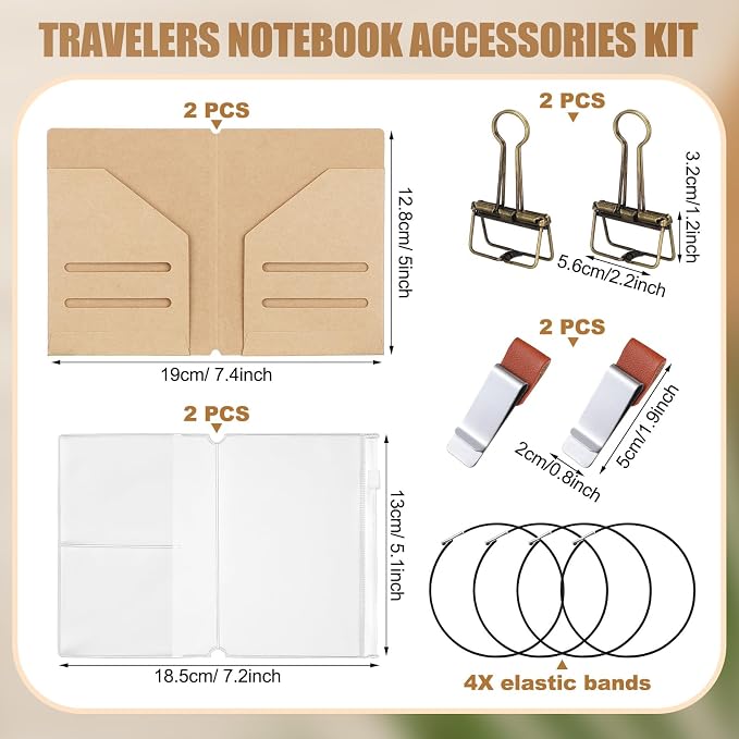 Mooliwe 2 Pack Travelers Journal Notebook Accessories Kit, Passport Size | Kraft File Folder, Zipper Case, Pen Holder, Binder Clip and Elastic Bands, Refillable Insert Organizer for Travel Journals
