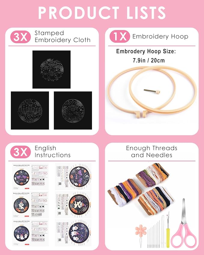 TINDTOP Halloween Embroidery Kit for Adult, 3 Pack Embroidery DIY Starter Kit, with Stamped Patterns, Hoop, Tools, Colorful Threads with Needles, Instructions