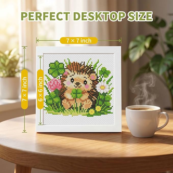 Hedgehog Clover Stamped Cross Stitch Kits for Beginners Adults with Framed | Flowers and Grasses Needlepoint Counted Cross Stitch Kits for Beginners Adults Embroidery Kits Arts and Crafts 6 x 6 inch