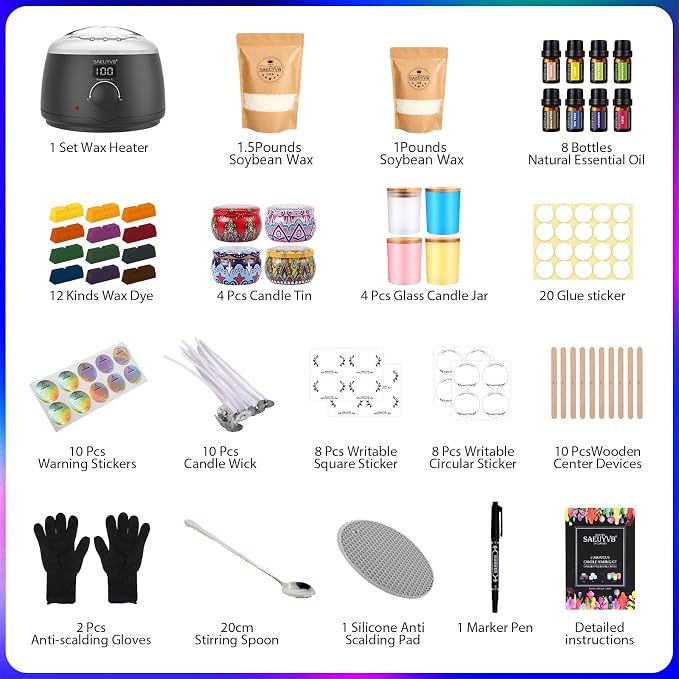 SAEUYVB Candle Making Kit,Soy Candle Making Kit for Adult with Melting Pot | Complete DIY Starter Soy Candle Making Supplies/Kit,Suitable for Handmade Candle Gifts and Home Decor