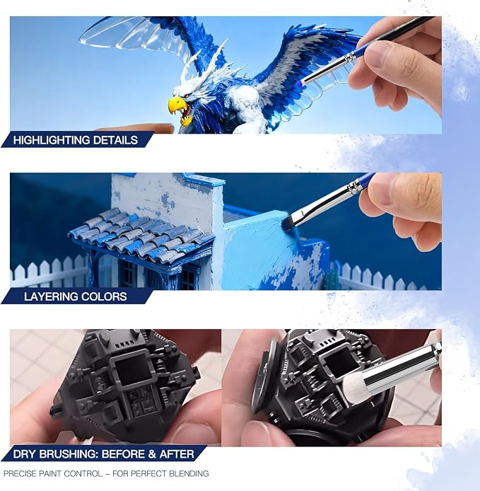 Golden Maple Dry Brushes for Miniature Painting - 6PC Drybrush Set Miniature Dry Brush for Model, Tabletop Wargames Miniature Acrylic Oil Painting, Blue