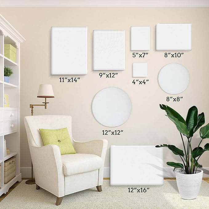 24 Pack Canvases for Painting with 4"x4", 5"x7", 8"x10", 9"x12", 11"x14", 12"x16", Round Canvas with 12"x12", 8"x8", Painting Canvas for Oil & Acrylic Paint.