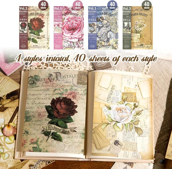 160Pcs Vintage Scrapbook Paper, Double-Sided Junk Journal Paper, 4 Styles