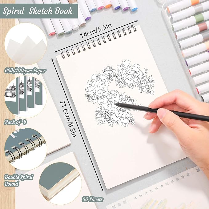 4 Pack Small Sketch Books, 5.5 × 8.5 in, Spiral Bound, 30 Sheets | 100gsm Acid-Free Paper, Hardcover Backing, Lays Flat, for Beginners, Artists & Back To School Gifts