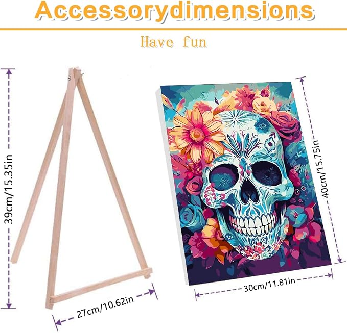 Meothan Framed Paint by Numbers Kits for Adults 12x16in with Wooden Easel | Skull Paint by Number on Canvas, DIY Skull Flowers Acrylic Oil Painting Kits with Brushes for Home Wall Decor (30x40cm)