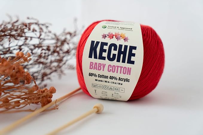 Keche Baby Cotton, 60% Cotton 40% Acrylic Yarn, Soft Cotton Yarn for Crochet and Knitting, Amigurumi Yarn 1 Skein/Ball 1.76 Oz (50g) / 180 Yrds (165m) - Pastel Yellow
