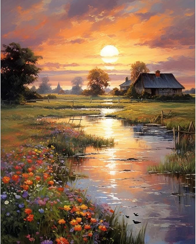 Paint by Numbers Kit for Adults Beginner 16x20 Inch, Countryside Sunset | DIY Acrylic Painting by Numbers Riverside Cabin Landscape, Without Frame Canvas, Stress Relief Craft Kits, Home Decor Gift