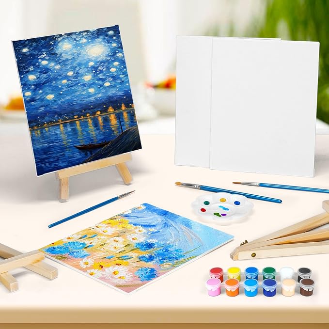 16 Pack 8 * 10In Canvas Boards for Painting, Art Canvas for Drawing with 32 Brushes & 16 Paint Trays & 32 Acrylic Paint, Mini Painting Canvas with Easel Set, Painting Kits for Adults Party