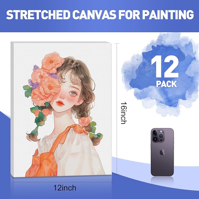 FUMILE 12x16 Canvas for Painting Stretched, 12 Pack Canvases for Painting-5/8 in Profile Primed White Blank Painting Canvas Value Pack for Oil & Acrylic Paint