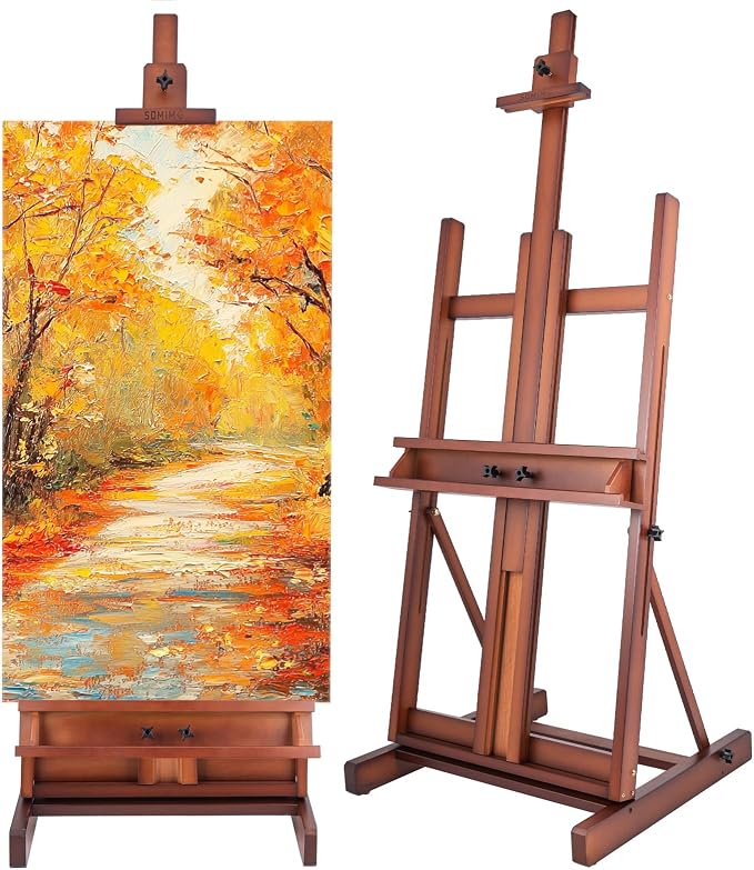 Beechwood H-Frame Artist Studio Easel with Storage Drawer, Walnut