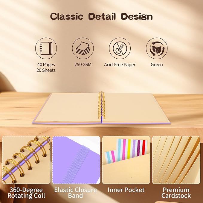Scrapbook Album 12x12 inch, Travelling Journal Scrap Book Family Scrapbook Scrapbooking Supplies Kits Gift for Couples Anniversary Wedding (purple, 12 x 12 inch)