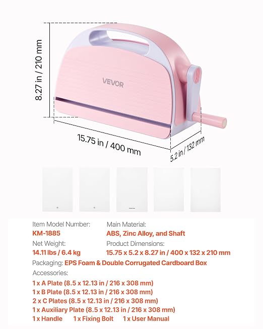 VEVOR Manual Die Cutting and Embossing Machine, 9" Opening, Portable Die Cut Machine with Cutting Plates, Ergonomic Handle, Easy to Store, for Arts and Crafts, Scrapbooking, Card Making, Crafting