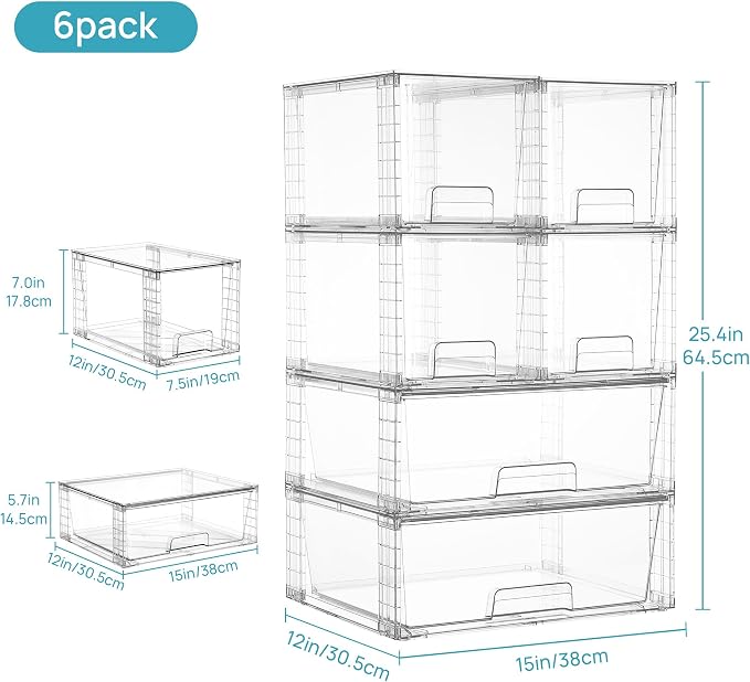 Vtopmart Clear Stackable Storage Drawers, 6 Pack Large Organizer Set