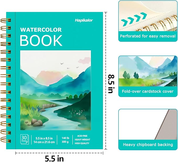 Hapikalor Watercolor Paper Pad, 5.5"x8.5" Water Color Paper, 140lb/300gsm | Artist Painting Drawing Paper Book, Art Supplies for Adults Kids, Watercolors, Watercolor Paint Set, Sketchbook, Green