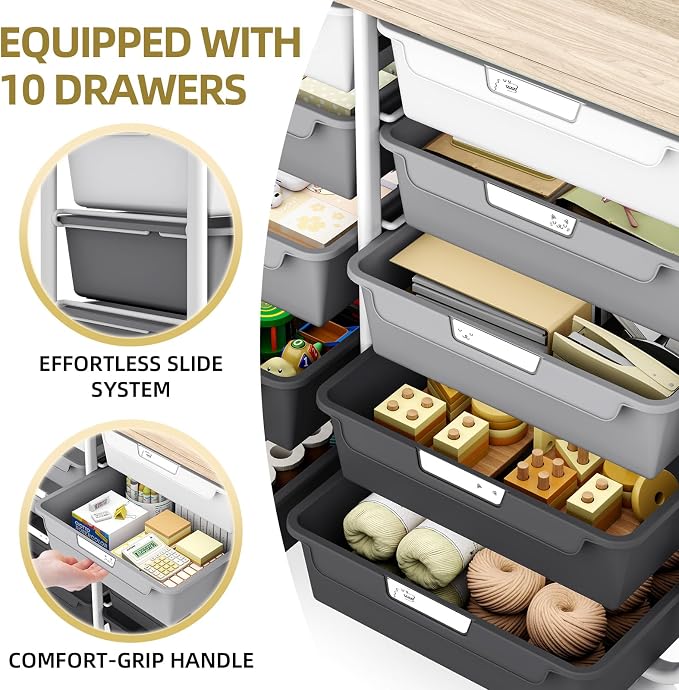 10 Drawer Rolling Storage Cart with Wood Top for Classroom Crafts Grey | Easy Setup, Large Capacity, Sturdy Build, Lockable Mobility, For office, classroom and home supplies