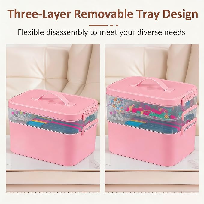 Gifhomfix 4-Layer Plastic Craft Organizers and Storage Box with Removable Trays, Storage Containers with lids and Handle, Art Supply Storage Organizer for Organizing Bead, Sewing, Tool（Pink）